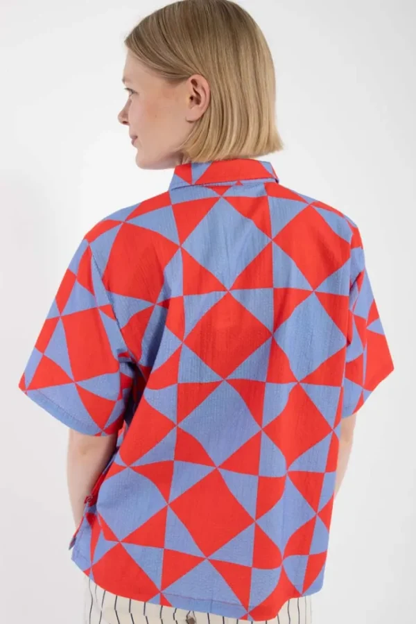 Daneblomme SS Searsucker Shirt Summer Red/Waterblue DIAMETRIC